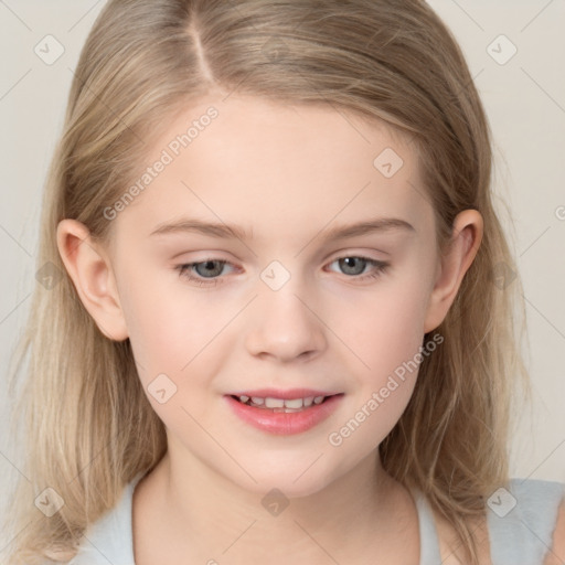 Joyful white child female with medium  brown hair and grey eyes