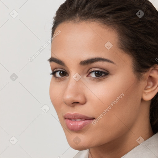 Neutral white young-adult female with short  brown hair and brown eyes