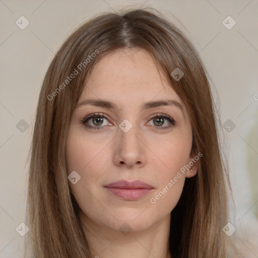 Neutral white young-adult female with long  brown hair and brown eyes