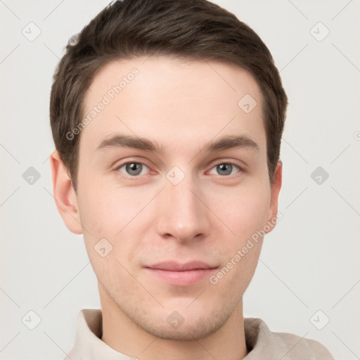 Neutral white young-adult male with short  brown hair and grey eyes