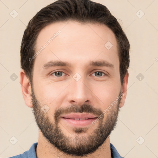 Joyful white young-adult male with short  brown hair and brown eyes