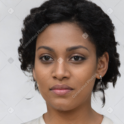 Joyful latino young-adult female with medium  black hair and brown eyes