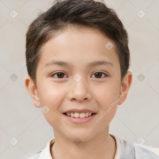 Joyful white child male with short  brown hair and brown eyes