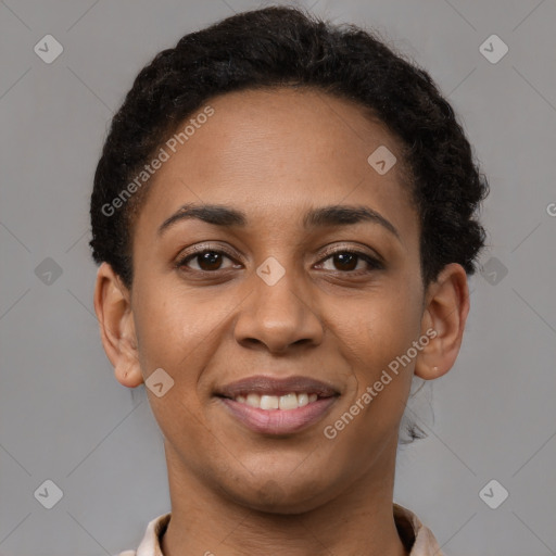 Joyful latino young-adult female with short  brown hair and brown eyes