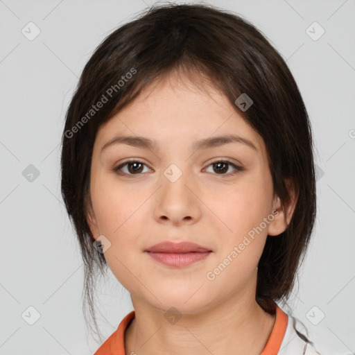 Neutral white young-adult female with medium  brown hair and brown eyes