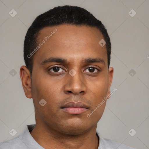 Neutral latino young-adult male with short  black hair and brown eyes