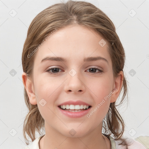 Joyful white child female with medium  brown hair and brown eyes