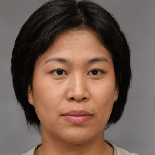 Joyful asian adult female with medium  brown hair and brown eyes