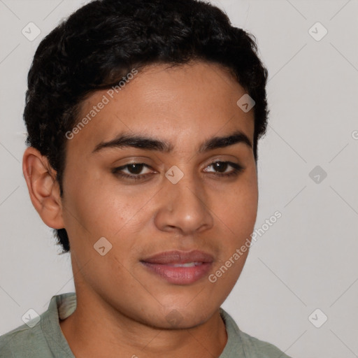 Joyful latino young-adult male with short  brown hair and brown eyes