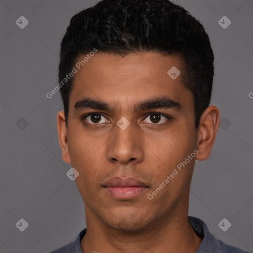 Neutral latino young-adult male with short  black hair and brown eyes