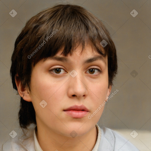 Neutral white young-adult female with short  brown hair and brown eyes