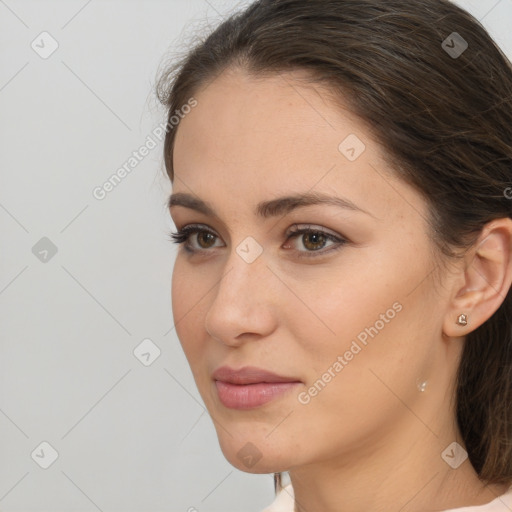 Neutral white young-adult female with medium  brown hair and brown eyes