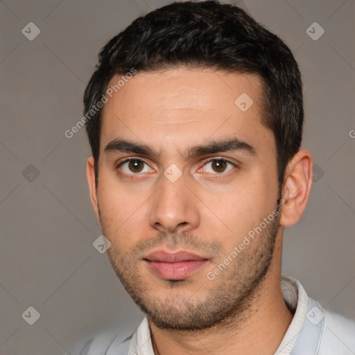 Neutral white young-adult male with short  brown hair and brown eyes