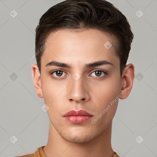 Neutral white young-adult male with short  brown hair and brown eyes