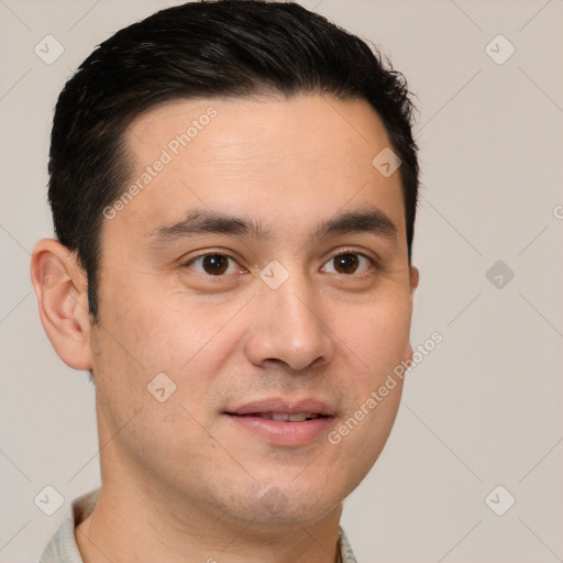 Joyful white young-adult male with short  black hair and brown eyes