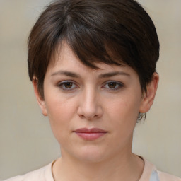 Neutral white young-adult female with short  brown hair and brown eyes