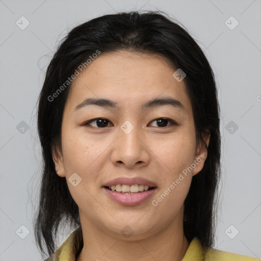 Joyful asian young-adult female with medium  brown hair and brown eyes