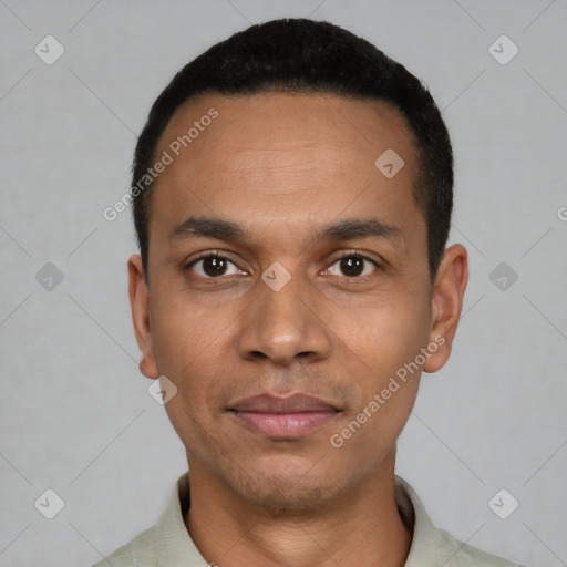 Neutral latino young-adult male with short  black hair and brown eyes