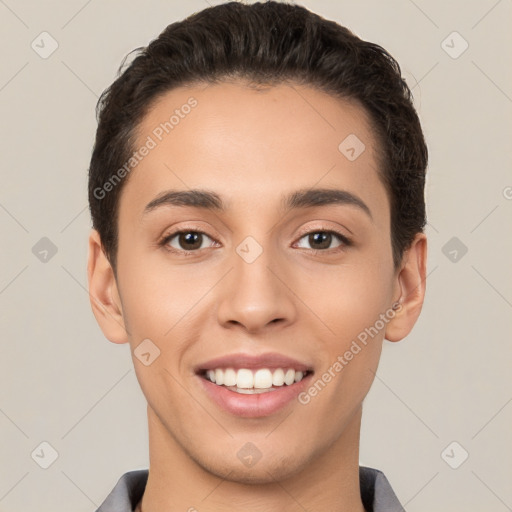 Joyful white young-adult female with short  brown hair and brown eyes