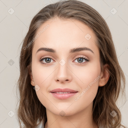 Joyful white young-adult female with medium  brown hair and green eyes