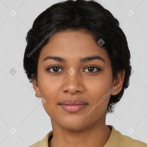 Joyful latino young-adult female with short  black hair and brown eyes