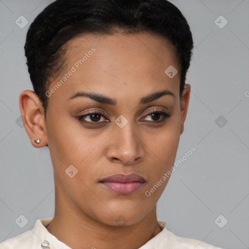 Joyful latino young-adult female with short  brown hair and brown eyes