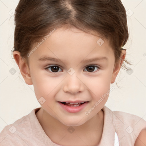 Joyful white child female with short  brown hair and brown eyes