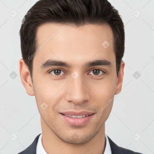 Joyful white young-adult male with short  brown hair and brown eyes