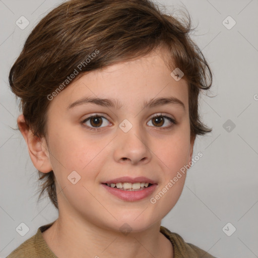 Joyful white child female with medium  brown hair and brown eyes