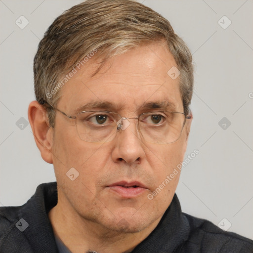 Neutral white middle-aged male with short  brown hair and brown eyes