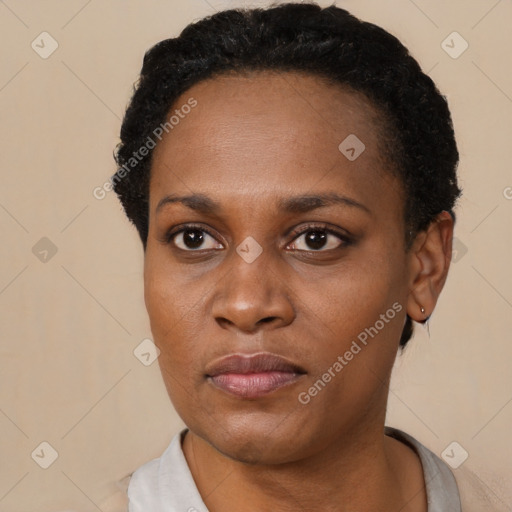 Neutral black young-adult female with short  black hair and brown eyes