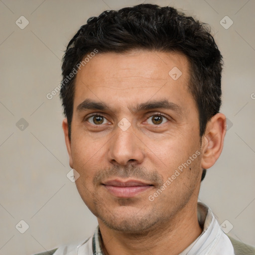 Neutral white adult male with short  black hair and brown eyes