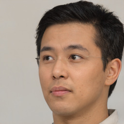 Neutral asian young-adult male with short  black hair and brown eyes