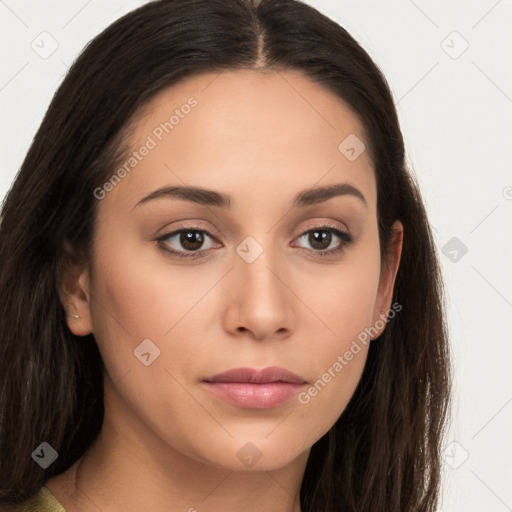 Neutral white young-adult female with long  brown hair and brown eyes