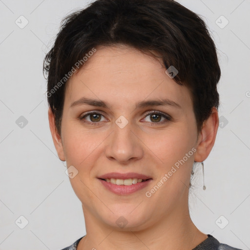 Joyful white young-adult female with short  brown hair and brown eyes