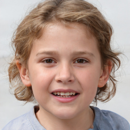 Joyful white child female with medium  brown hair and brown eyes