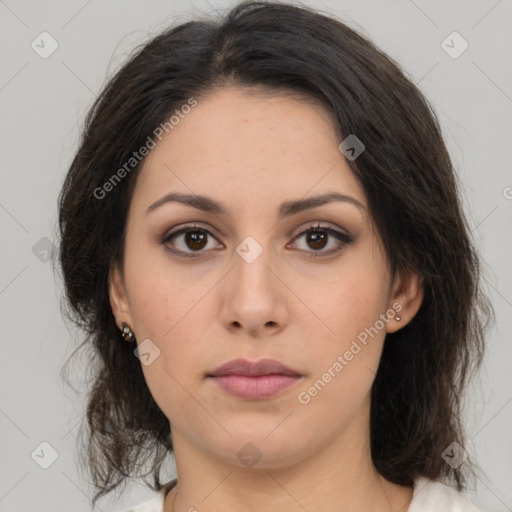 Neutral asian young-adult female with medium  brown hair and brown eyes