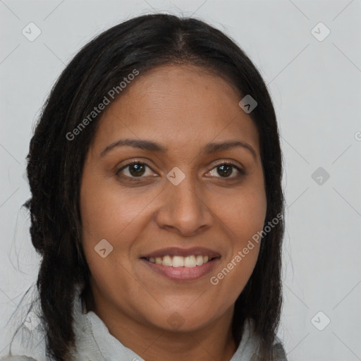 Joyful latino young-adult female with long  brown hair and brown eyes