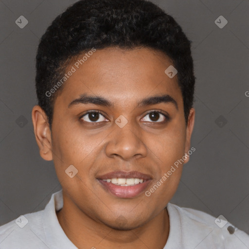 Joyful black young-adult male with short  brown hair and brown eyes