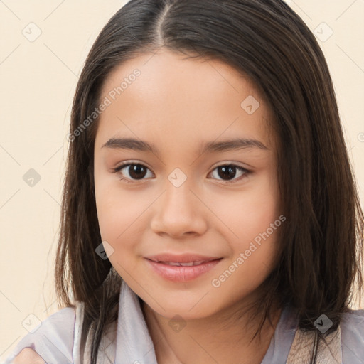 Joyful white child female with medium  brown hair and brown eyes