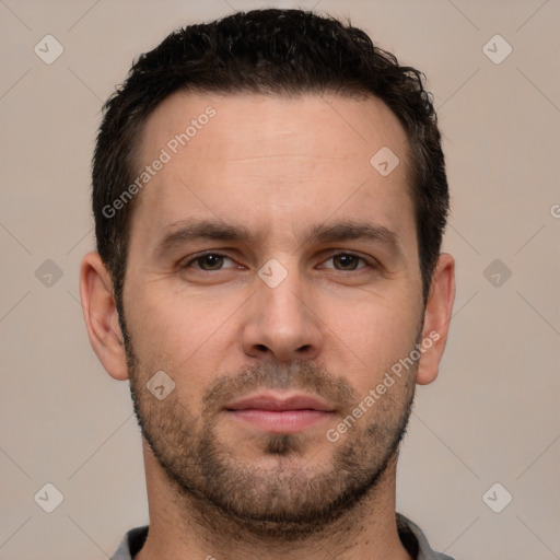 Neutral white young-adult male with short  brown hair and brown eyes