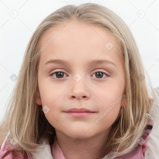 Neutral white child female with medium  brown hair and blue eyes