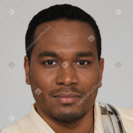 Neutral latino young-adult male with short  black hair and brown eyes