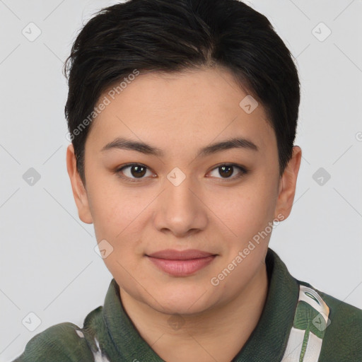 Joyful white young-adult female with short  brown hair and brown eyes