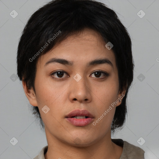 Neutral asian young-adult female with medium  brown hair and brown eyes