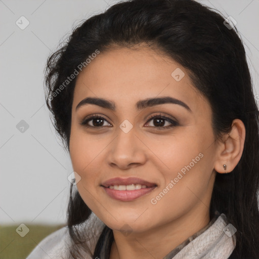 Joyful latino young-adult female with medium  black hair and brown eyes