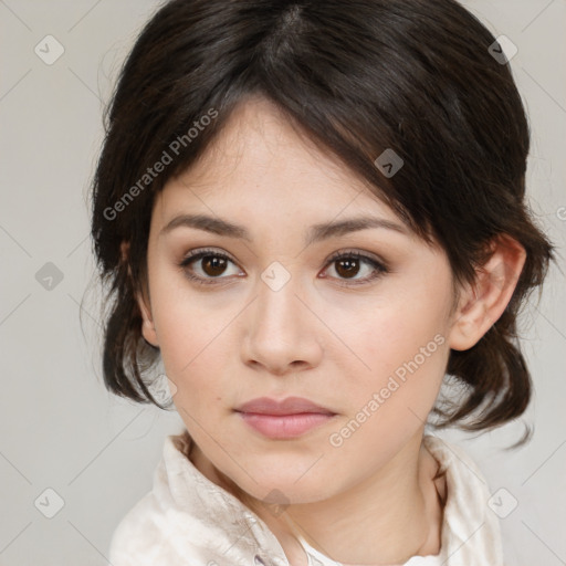 Neutral white young-adult female with medium  brown hair and brown eyes