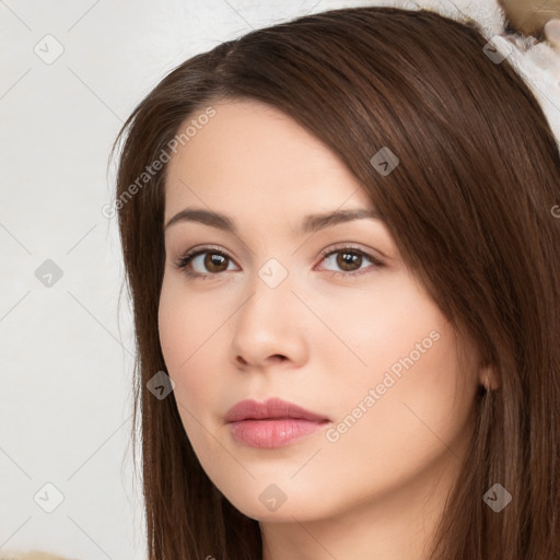 Neutral white young-adult female with long  brown hair and brown eyes