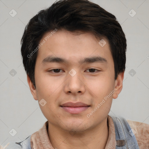 Neutral asian young-adult male with short  brown hair and brown eyes