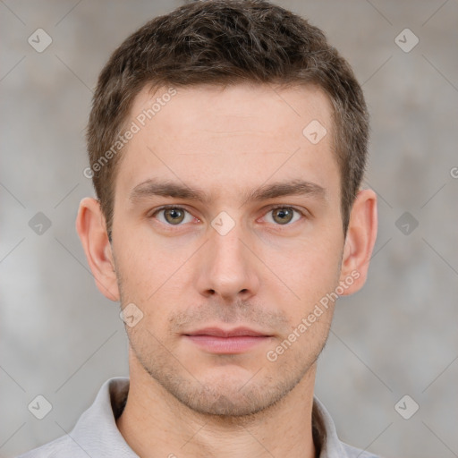 Neutral white young-adult male with short  brown hair and brown eyes